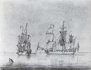 Francis Swaine A drawing of a small British Sixth-rate warship in two positions oil on canvas